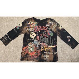 Cactus Cotton Shirt Las Vegas Casino 3/4 Sleeve Rhinestones VTG USA Made Women L